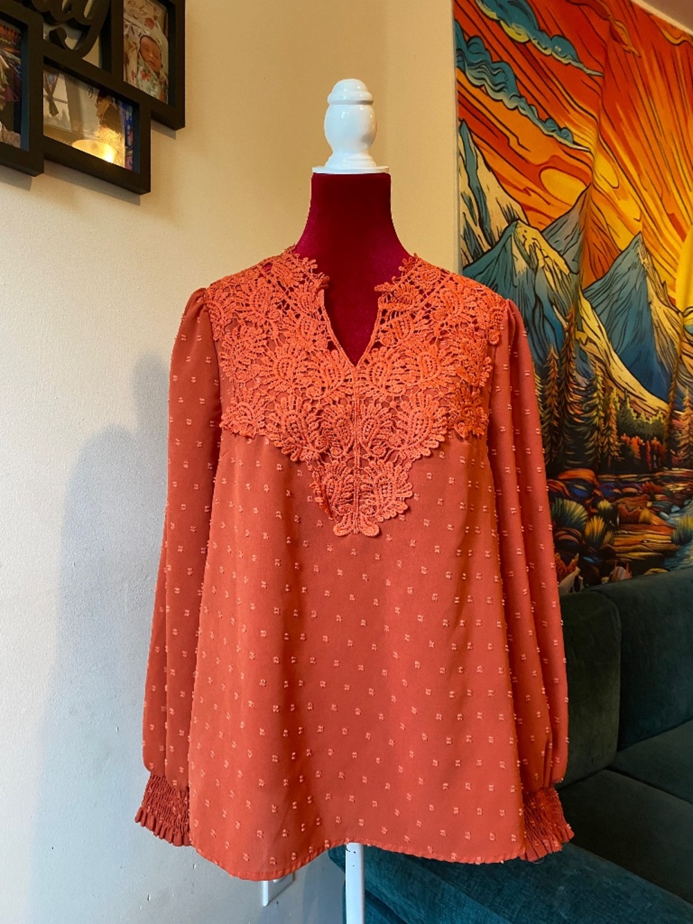 Swiss Dot Guipure Lace Insert Lantern Sleeve Blouse